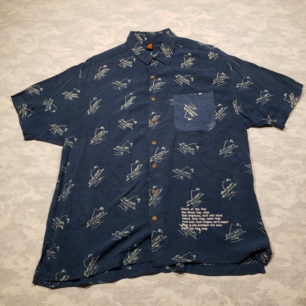 Ojai Hawaiian Shirt Mens Large Blue Catch If The Day Button Up